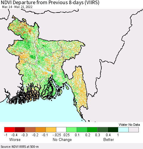 Bangladesh NDVI Departure from Previous 8-days (VIIRS) Thematic Map For 3/14/2022 - 3/21/2022