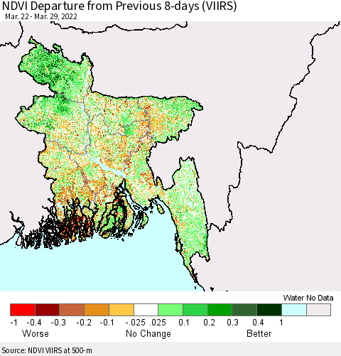 Bangladesh NDVI Departure from Previous 8-days (VIIRS) Thematic Map For 3/22/2022 - 3/29/2022