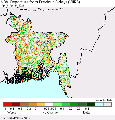 Bangladesh NDVI Departure from Previous 8-days (VIIRS) Thematic Map For 4/7/2022 - 4/14/2022
