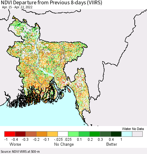 Bangladesh NDVI Departure from Previous 8-days (VIIRS) Thematic Map For 4/15/2022 - 4/22/2022
