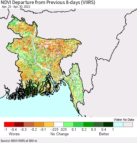 Bangladesh NDVI Departure from Previous 8-days (VIIRS) Thematic Map For 4/23/2022 - 4/30/2022