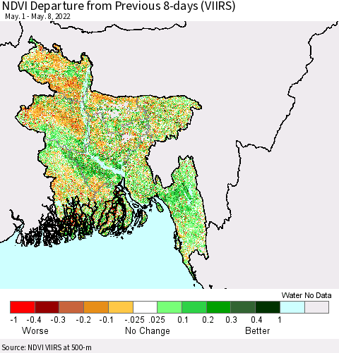 Bangladesh NDVI Departure from Previous 8-days (VIIRS) Thematic Map For 5/1/2022 - 5/8/2022