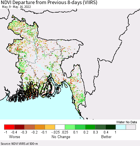 Bangladesh NDVI Departure from Previous 8-days (VIIRS) Thematic Map For 5/9/2022 - 5/16/2022