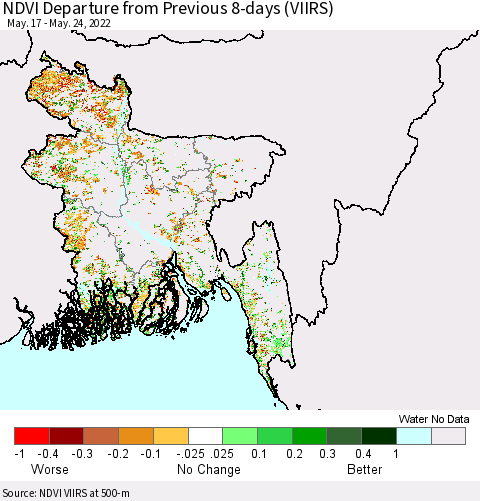 Bangladesh NDVI Departure from Previous 8-days (VIIRS) Thematic Map For 5/17/2022 - 5/24/2022