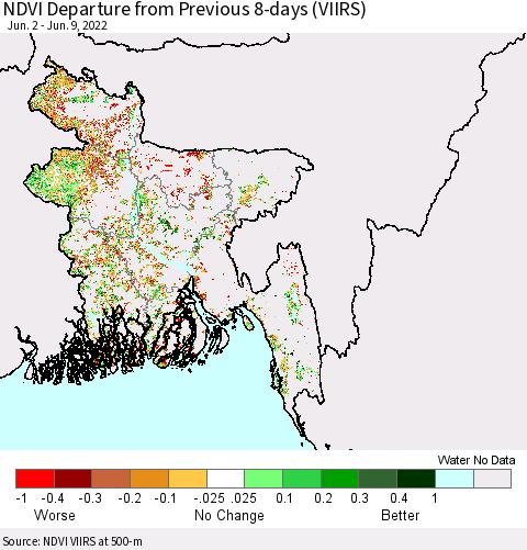 Bangladesh NDVI Departure from Previous 8-days (VIIRS) Thematic Map For 6/2/2022 - 6/9/2022