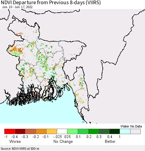 Bangladesh NDVI Departure from Previous 8-days (VIIRS) Thematic Map For 6/10/2022 - 6/17/2022