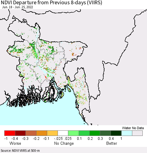 Bangladesh NDVI Departure from Previous 8-days (VIIRS) Thematic Map For 6/18/2022 - 6/25/2022