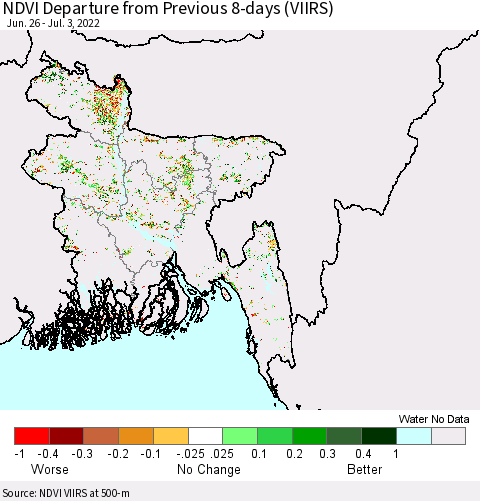 Bangladesh NDVI Departure from Previous 8-days (VIIRS) Thematic Map For 6/26/2022 - 7/3/2022