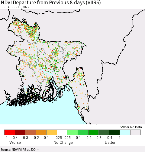Bangladesh NDVI Departure from Previous 8-days (VIIRS) Thematic Map For 7/4/2022 - 7/11/2022
