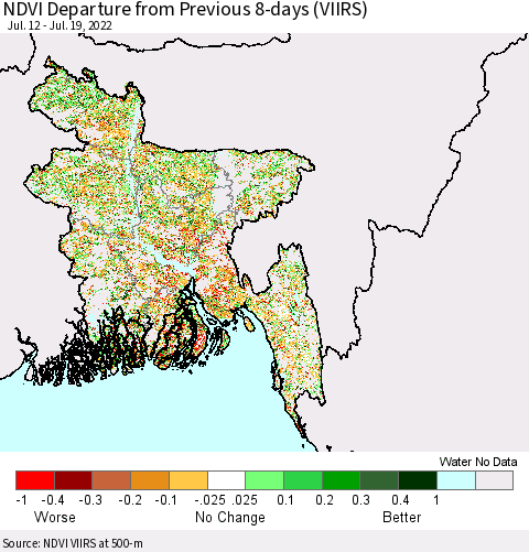 Bangladesh NDVI Departure from Previous 8-days (VIIRS) Thematic Map For 7/12/2022 - 7/19/2022
