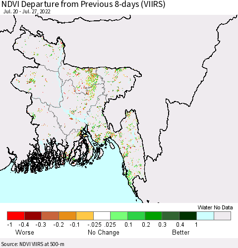 Bangladesh NDVI Departure from Previous 8-days (VIIRS) Thematic Map For 7/20/2022 - 7/27/2022