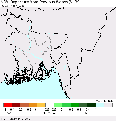 Bangladesh NDVI Departure from Previous 8-days (VIIRS) Thematic Map For 7/28/2022 - 8/4/2022