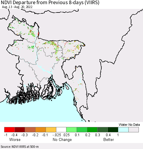 Bangladesh NDVI Departure from Previous 8-days (VIIRS) Thematic Map For 8/13/2022 - 8/20/2022