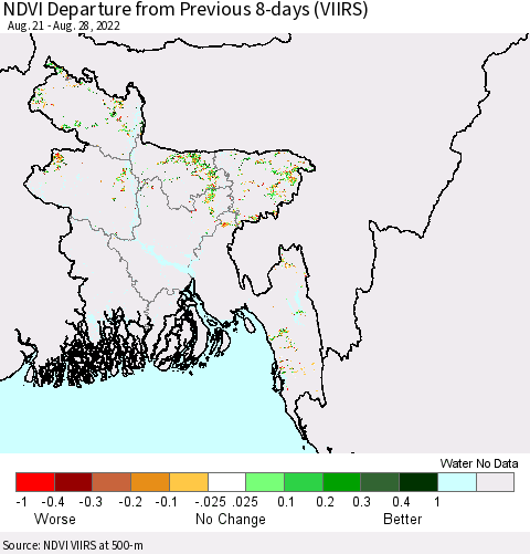 Bangladesh NDVI Departure from Previous 8-days (VIIRS) Thematic Map For 8/21/2022 - 8/28/2022