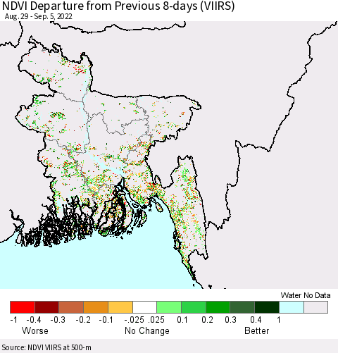 Bangladesh NDVI Departure from Previous 8-days (VIIRS) Thematic Map For 8/29/2022 - 9/5/2022