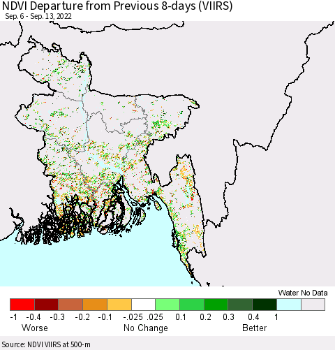 Bangladesh NDVI Departure from Previous 8-days (VIIRS) Thematic Map For 9/6/2022 - 9/13/2022
