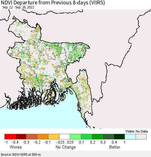 Bangladesh NDVI Departure from Previous 8-days (VIIRS) Thematic Map For 9/22/2022 - 9/29/2022