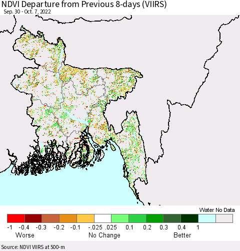 Bangladesh NDVI Departure from Previous 8-days (VIIRS) Thematic Map For 9/30/2022 - 10/7/2022