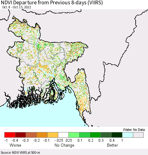 Bangladesh NDVI Departure from Previous 8-days (VIIRS) Thematic Map For 10/8/2022 - 10/15/2022