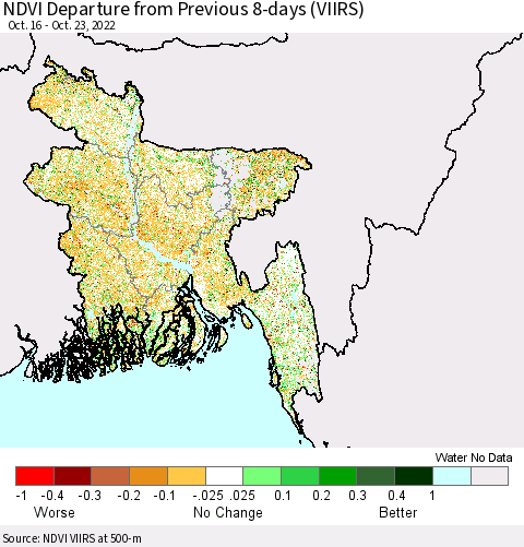 Bangladesh NDVI Departure from Previous 8-days (VIIRS) Thematic Map For 10/16/2022 - 10/23/2022