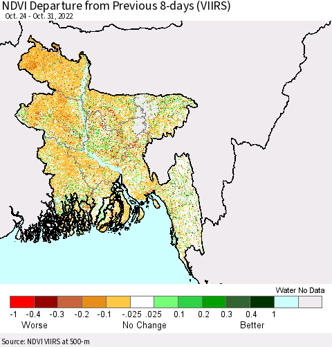 Bangladesh NDVI Departure from Previous 8-days (VIIRS) Thematic Map For 10/24/2022 - 10/31/2022