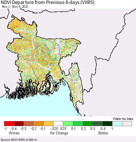 Bangladesh NDVI Departure from Previous 8-days (VIIRS) Thematic Map For 11/1/2022 - 11/8/2022