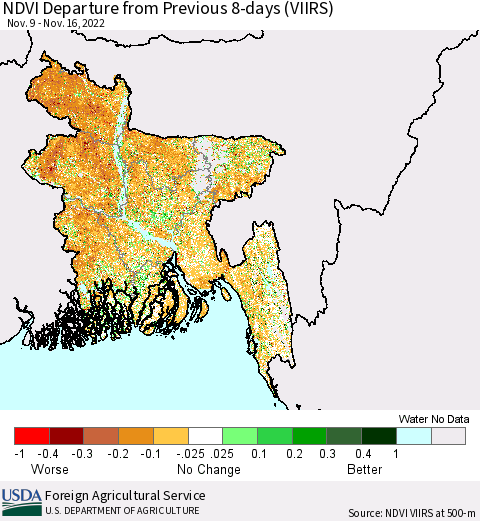 Bangladesh NDVI Departure from Previous 8-days (VIIRS) Thematic Map For 11/9/2022 - 11/16/2022