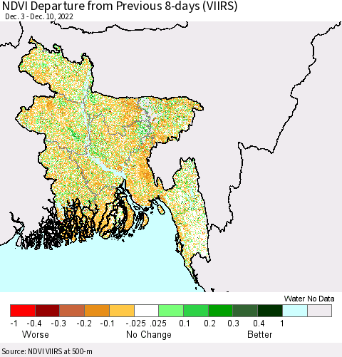 Bangladesh NDVI Departure from Previous 8-days (VIIRS) Thematic Map For 12/3/2022 - 12/10/2022