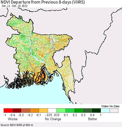 Bangladesh NDVI Departure from Previous 8-days (VIIRS) Thematic Map For 12/11/2022 - 12/18/2022