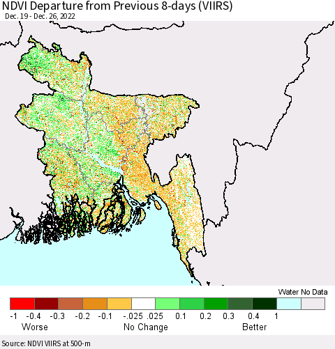 Bangladesh NDVI Departure from Previous 8-days (VIIRS) Thematic Map For 12/19/2022 - 12/26/2022