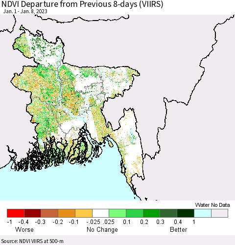 Bangladesh NDVI Departure from Previous 8-days (VIIRS) Thematic Map For 1/1/2023 - 1/8/2023