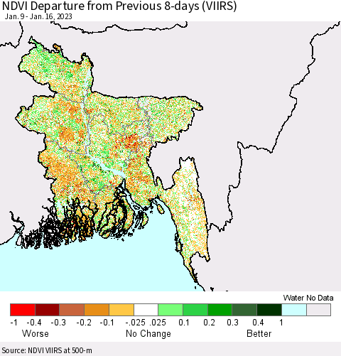 Bangladesh NDVI Departure from Previous 8-days (VIIRS) Thematic Map For 1/9/2023 - 1/16/2023