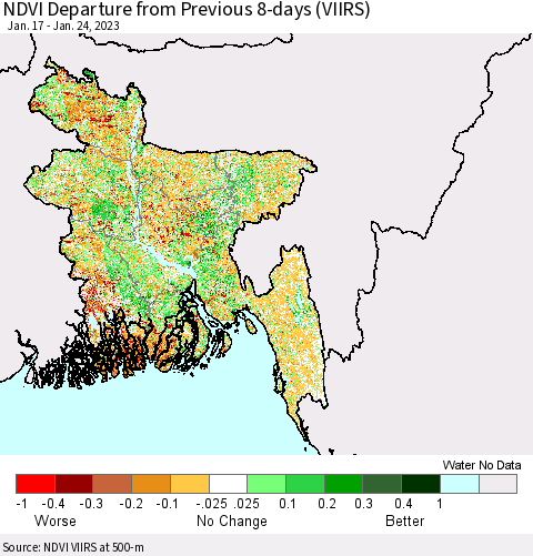 Bangladesh NDVI Departure from Previous 8-days (VIIRS) Thematic Map For 1/17/2023 - 1/24/2023