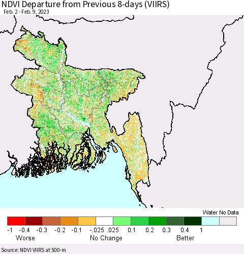 Bangladesh NDVI Departure from Previous 8-days (VIIRS) Thematic Map For 2/2/2023 - 2/9/2023