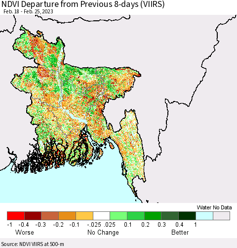 Bangladesh NDVI Departure from Previous 8-days (VIIRS) Thematic Map For 2/18/2023 - 2/25/2023