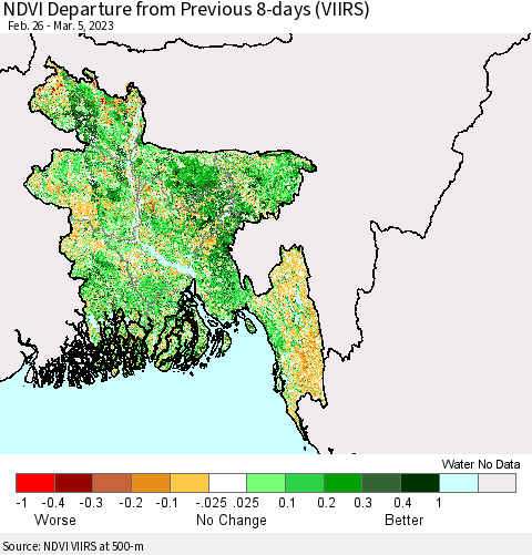 Bangladesh NDVI Departure from Previous 8-days (VIIRS) Thematic Map For 2/26/2023 - 3/5/2023