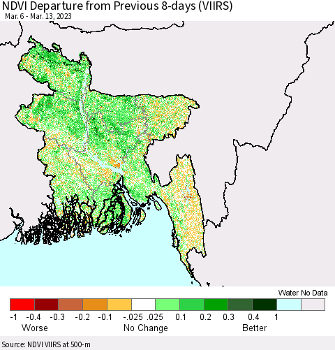 Bangladesh NDVI Departure from Previous 8-days (VIIRS) Thematic Map For 3/6/2023 - 3/13/2023