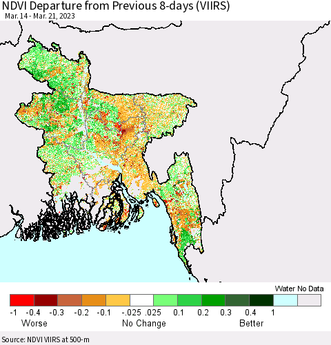 Bangladesh NDVI Departure from Previous 8-days (VIIRS) Thematic Map For 3/14/2023 - 3/21/2023