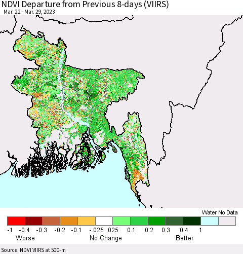 Bangladesh NDVI Departure from Previous 8-days (VIIRS) Thematic Map For 3/22/2023 - 3/29/2023