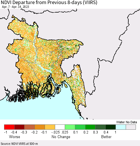 Bangladesh NDVI Departure from Previous 8-days (VIIRS) Thematic Map For 4/7/2023 - 4/14/2023