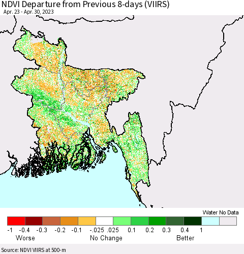 Bangladesh NDVI Departure from Previous 8-days (VIIRS) Thematic Map For 4/23/2023 - 4/30/2023