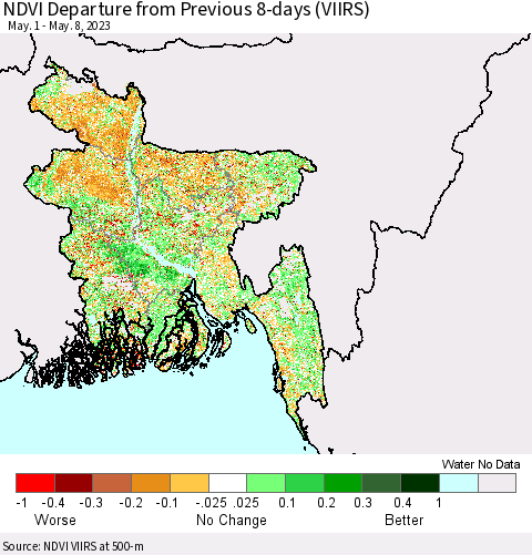 Bangladesh NDVI Departure from Previous 8-days (VIIRS) Thematic Map For 5/1/2023 - 5/8/2023