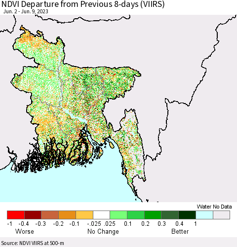 Bangladesh NDVI Departure from Previous 8-days (VIIRS) Thematic Map For 6/2/2023 - 6/9/2023
