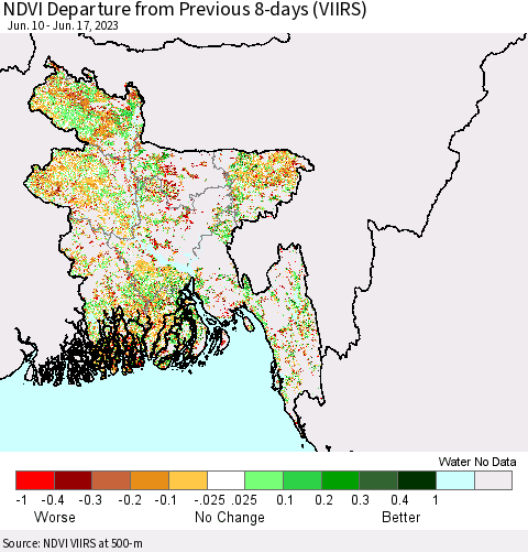 Bangladesh NDVI Departure from Previous 8-days (VIIRS) Thematic Map For 6/10/2023 - 6/17/2023