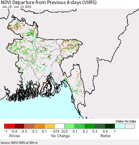 Bangladesh NDVI Departure from Previous 8-days (VIIRS) Thematic Map For 6/18/2023 - 6/25/2023
