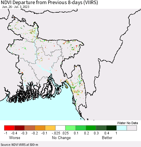 Bangladesh NDVI Departure from Previous 8-days (VIIRS) Thematic Map For 6/26/2023 - 7/3/2023