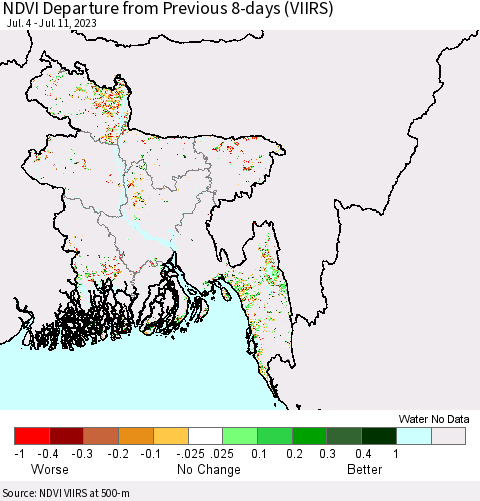 Bangladesh NDVI Departure from Previous 8-days (VIIRS) Thematic Map For 7/4/2023 - 7/11/2023