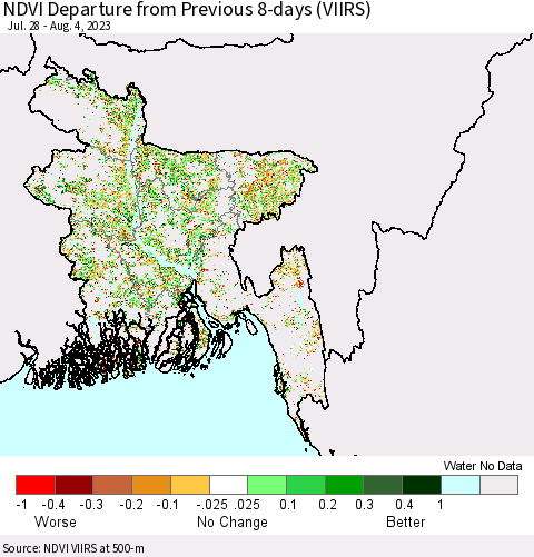 Bangladesh NDVI Departure from Previous 8-days (VIIRS) Thematic Map For 7/28/2023 - 8/4/2023