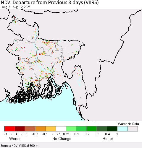 Bangladesh NDVI Departure from Previous 8-days (VIIRS) Thematic Map For 8/5/2023 - 8/12/2023