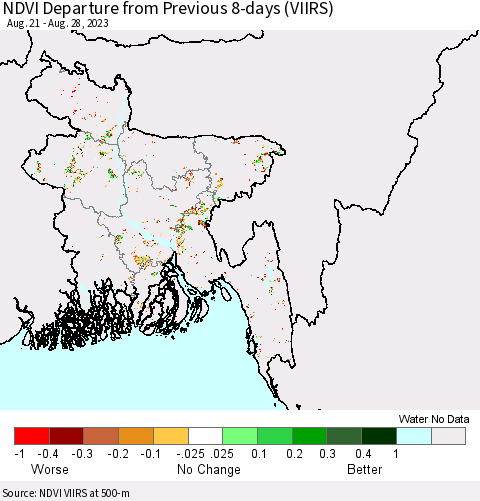 Bangladesh NDVI Departure from Previous 8-days (VIIRS) Thematic Map For 8/21/2023 - 8/28/2023